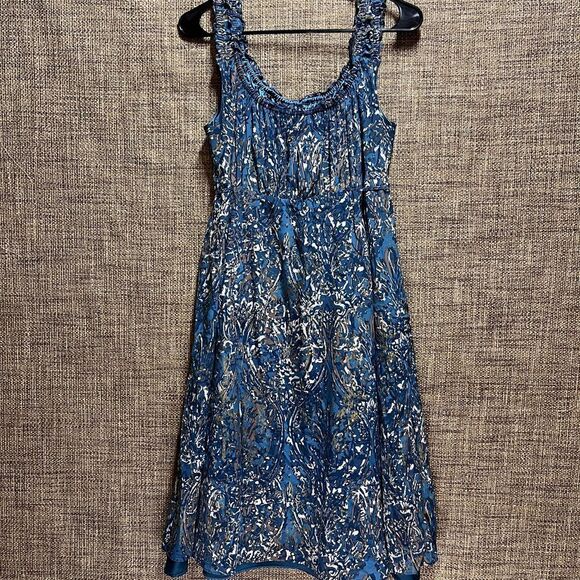 Tahari Silk Babydoll Swing Dress Women's Untagged Medium Blue & Gold Satin Artsy - Picture 1 of 14